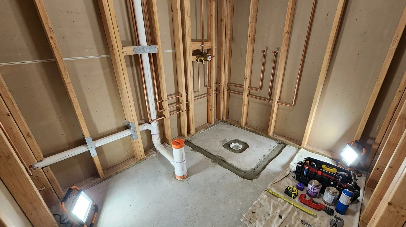 Bathroom rough-in plumbing during remodel by Johns Plumbing LLC in Cornwall