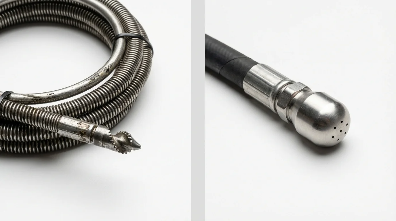 Drain snake cable and hydro jetting nozzle used for drain cleaning in Cornwall, NY