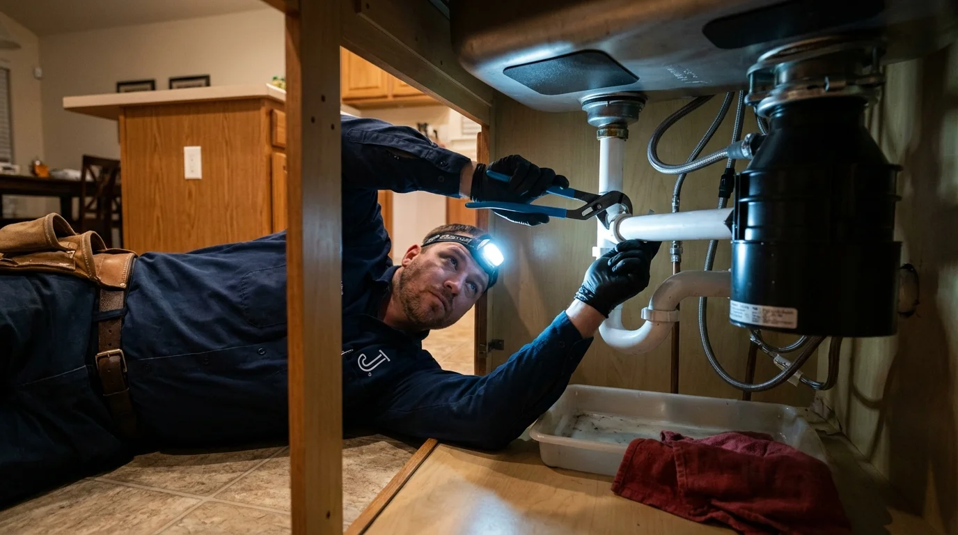 P-trap and supply line connections under a kitchen sink showing a common leak point in Cornwall, NY